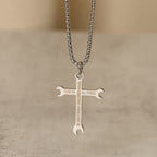Minimalist Tricolor Wrench Cross Necklace with Faith & Strength Bible Verse