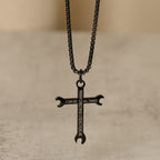 Minimalist Tricolor Wrench Cross Necklace with Faith & Strength Bible Verse