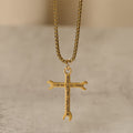 Minimalist Tricolor Wrench Cross Necklace with Faith & Strength Bible Verse
