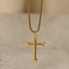 Minimalist Tricolor Wrench Cross Necklace with Faith & Strength Bible Verse