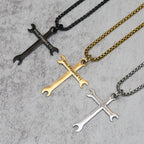 Minimalist Tricolor Wrench Cross Necklace with Faith & Strength Bible Verse