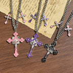 Classic Style Colorful Crafted Triple Crucifix Pendant Chain Necklace