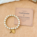 Modern Pearl Bracelet with Golden Miraculous Medal & Blessing Card: Opulent Communion
