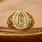 Our Lady Ring with Encircled Zircons & Floral Accents: Embody Her Tender Grace
