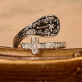 Classic Adjustable Artisan Faith Cross Ring with Baroque Patterns and Black Inlay
