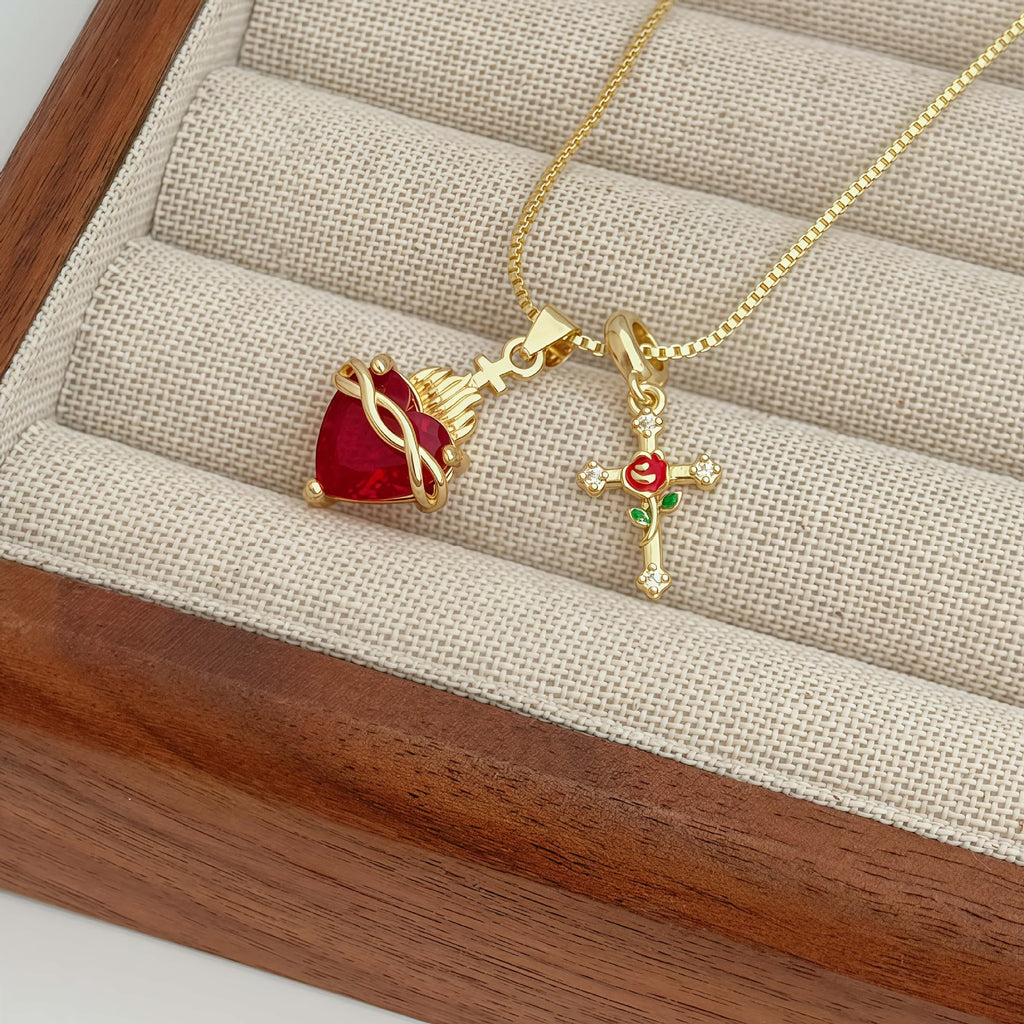 Sacred Heart & Rose Cross Pendant Necklace: Embody Divine Love and Redemptive Grace