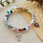 6mm Multicolor Cat's Eye Memory Wire Rosary Bracelet with St. Benedict Accents