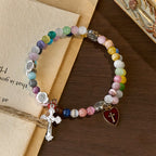 6mm Multicolor Cat's Eye Memory Wire Rosary Bracelet with St. Benedict Accents