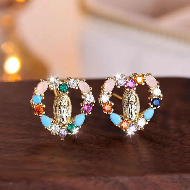 Heart-Shaped Our Lady Stud Earrings: Colorful Zircon & Clear Sparkling Styles