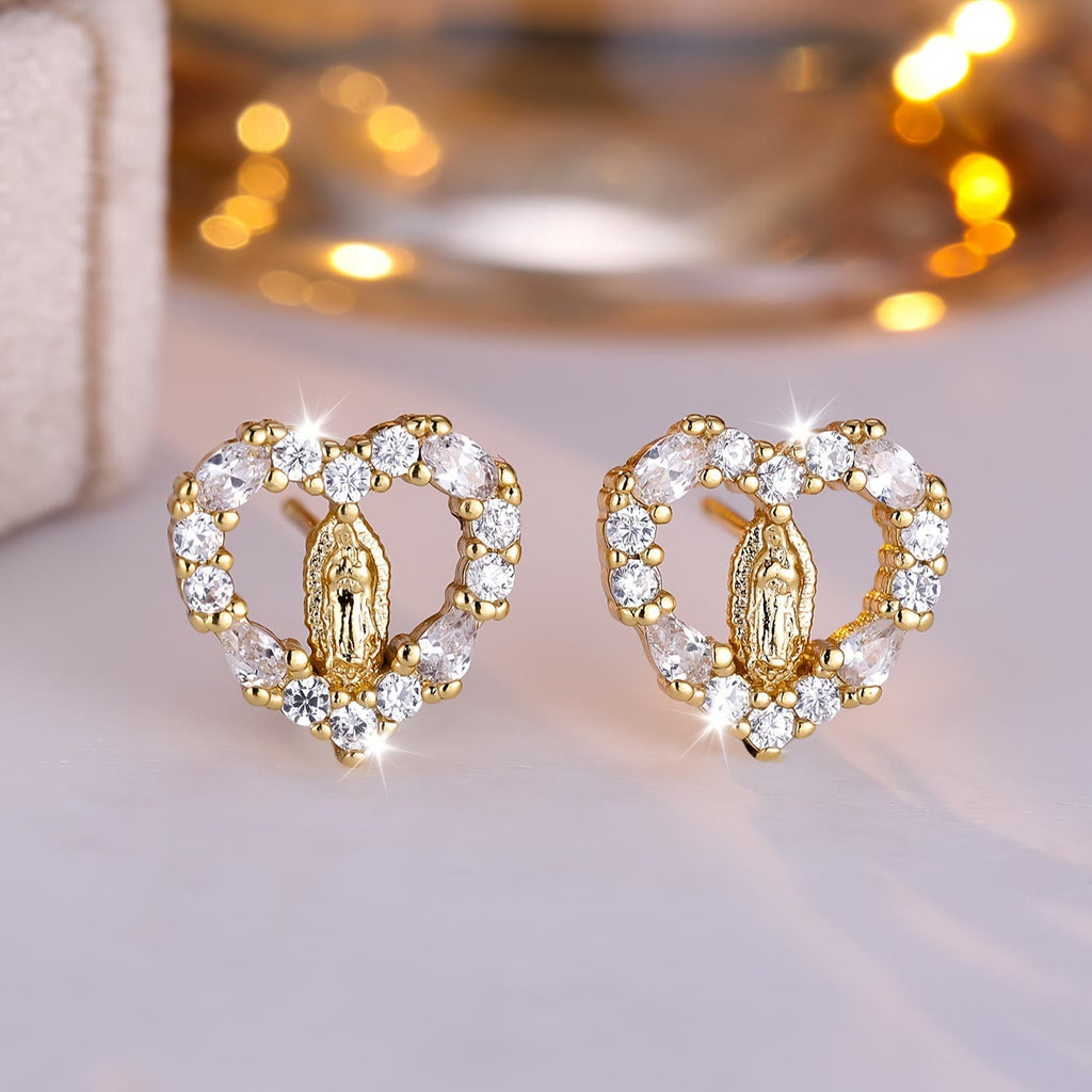 Heart-Shaped Our Lady Stud Earrings: Colorful Zircon & Clear Sparkling Styles