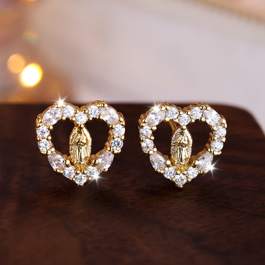 Heart-Shaped Our Lady Stud Earrings: Colorful Zircon & Clear Sparkling Styles VIP