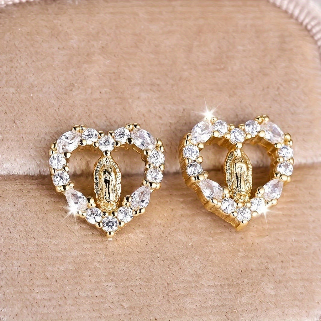Heart-Shaped Our Lady Stud Earrings: Colorful Zircon & Clear Sparkling Styles