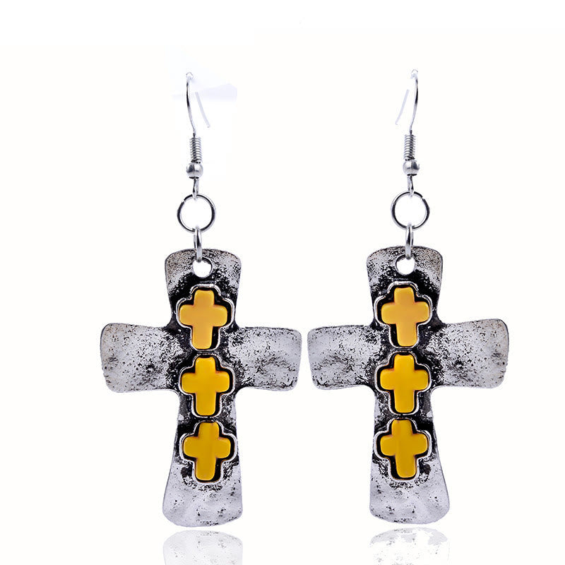 Textured Three-Cross Earrings with Stone Inlays: Symbol of Faith and Protection