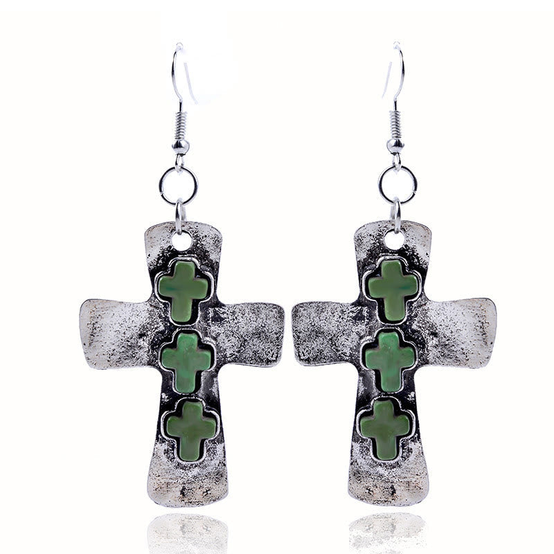 Textured Three-Cross Earrings with Stone Inlays: Symbol of Faith and Protection VIP