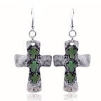 Textured Three-Cross Earrings with Stone Inlays: Symbol of Faith and Protection