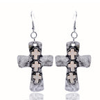 Textured Three-Cross Earrings with Stone Inlays: Symbol of Faith and Protection