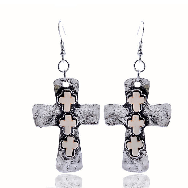 Textured Three-Cross Earrings with Stone Inlays: Symbol of Faith and Protection