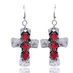 Textured Three-Cross Earrings with Stone Inlays: Symbol of Faith and Protection