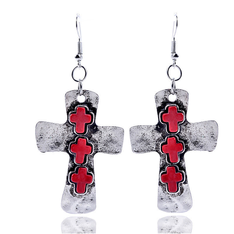 Textured Three-Cross Earrings with Stone Inlays: Symbol of Faith and Protection
