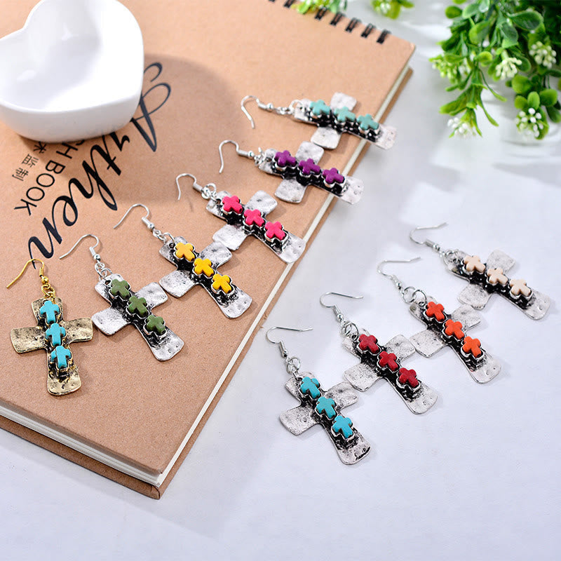 Textured Three-Cross Earrings with Stone Inlays: Symbol of Faith and Protection VIP