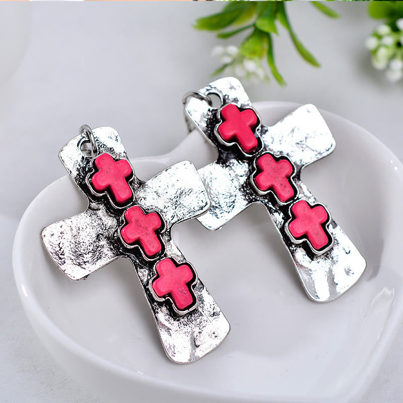 Textured Three-Cross Earrings with Stone Inlays: Symbol of Faith and Protection