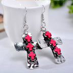 Textured Three-Cross Earrings with Stone Inlays: Symbol of Faith and Protection