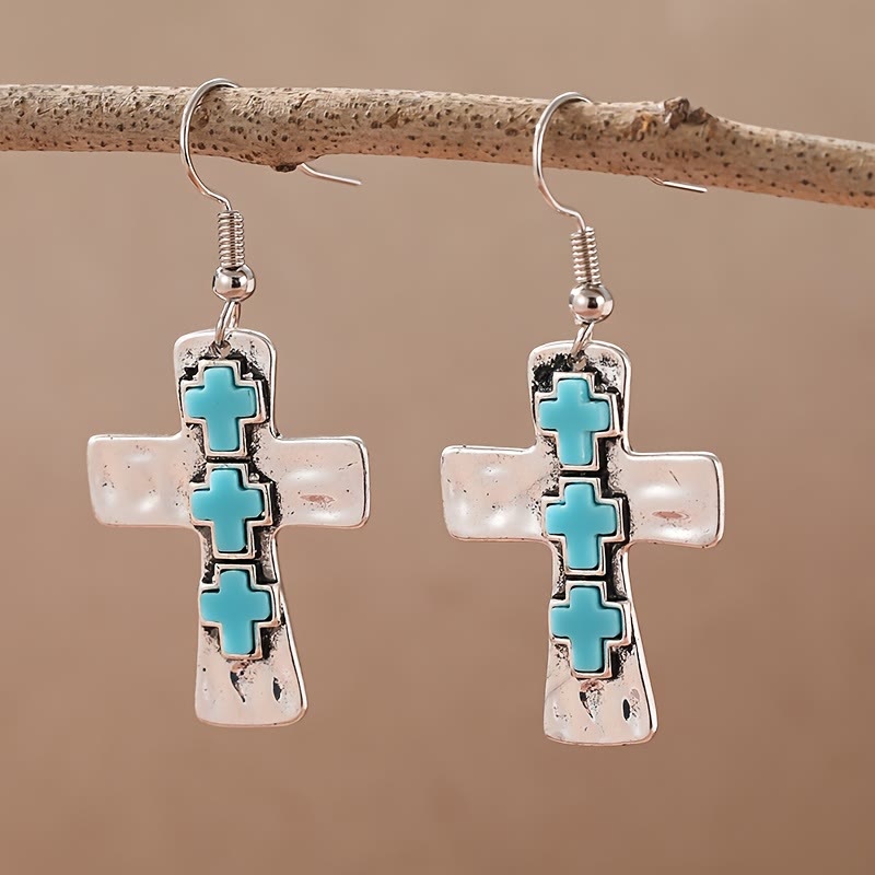 Textured Three-Cross Earrings with Stone Inlays: Symbol of Faith and Protection
