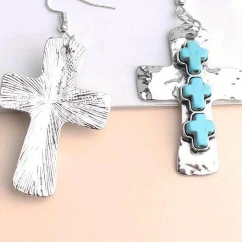 Textured Three-Cross Earrings with Stone Inlays: Symbol of Faith and Protection