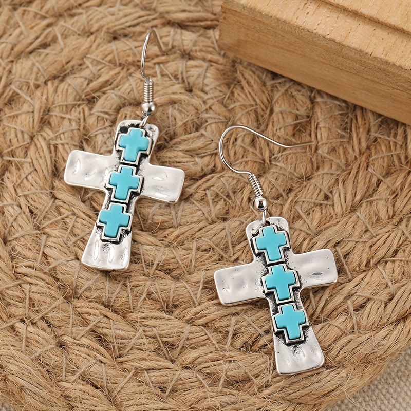Textured Three-Cross Earrings with Stone Inlays: Symbol of Faith and Protection