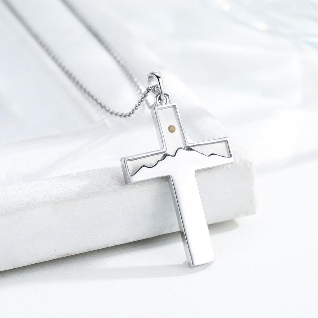 Mustard Seed Crescent Moon & Cross Necklace: Turquoise Inlay & Silver-Tone Design