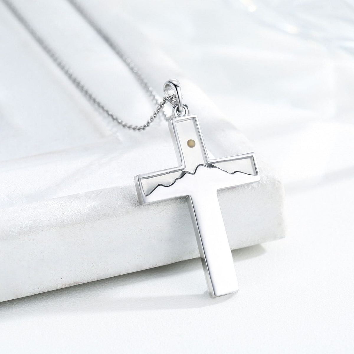 Mustard Seed Crescent Moon & Cross Necklace: Turquoise Inlay & Silver-Tone Design