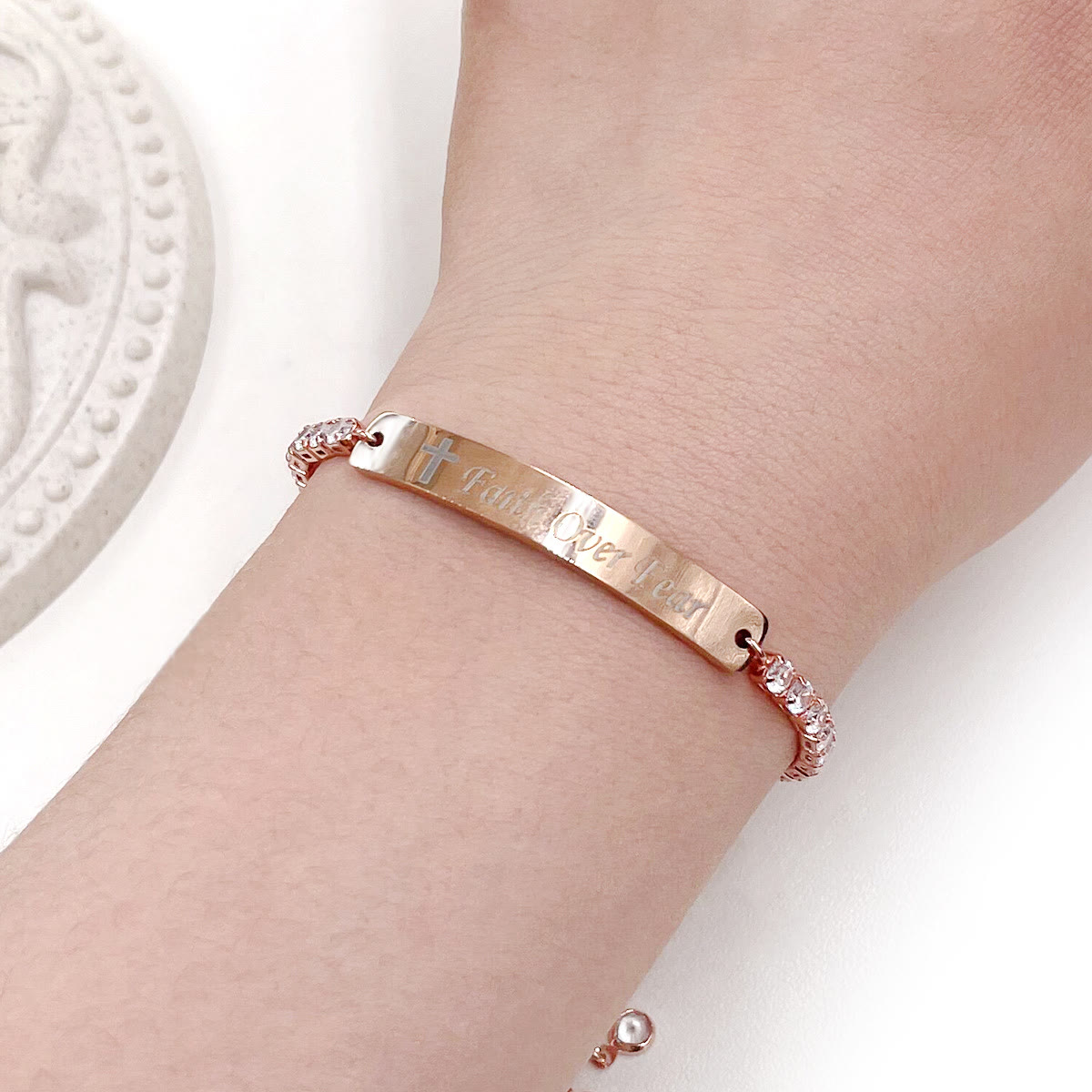 Four-Color Metal with Engraved/Blank Bar Faith Courage Bracelet