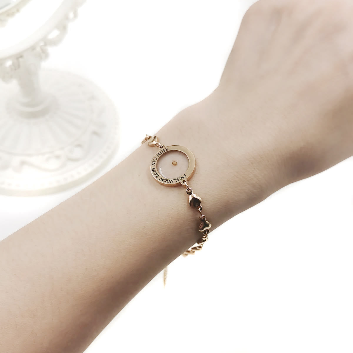 Matthew 17:20 & Luke 1:37 with Mustard Seed Bracelet: Heart Links with Zircon Dot Detail