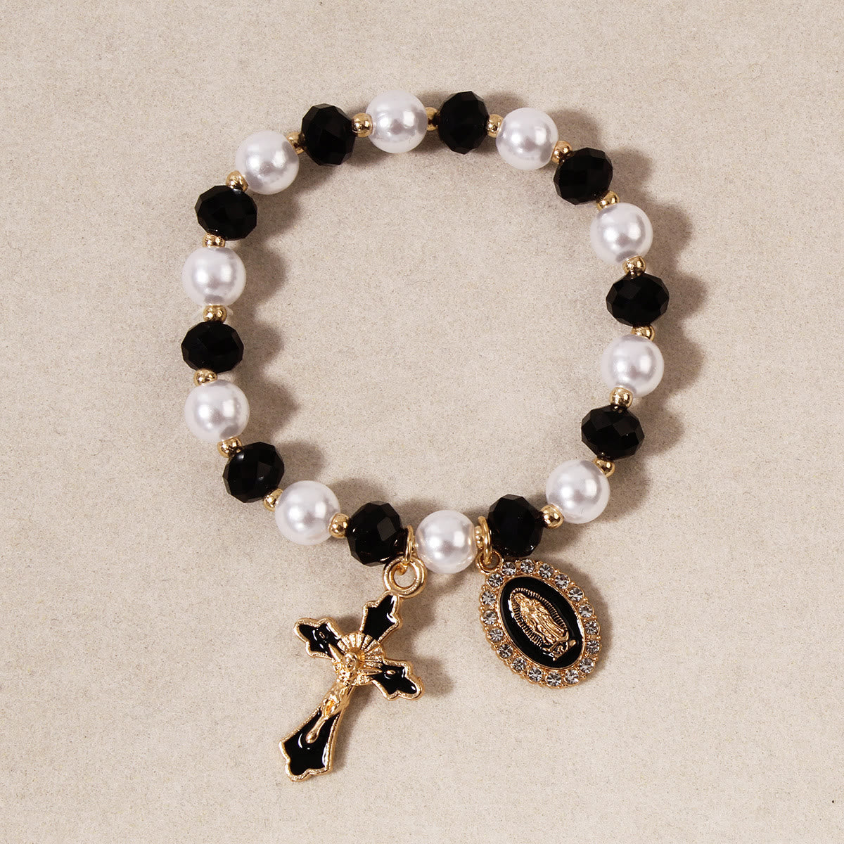 Marian Medallion Beaded Bracelet: Our Lady Accents & Enamel Cross Charm