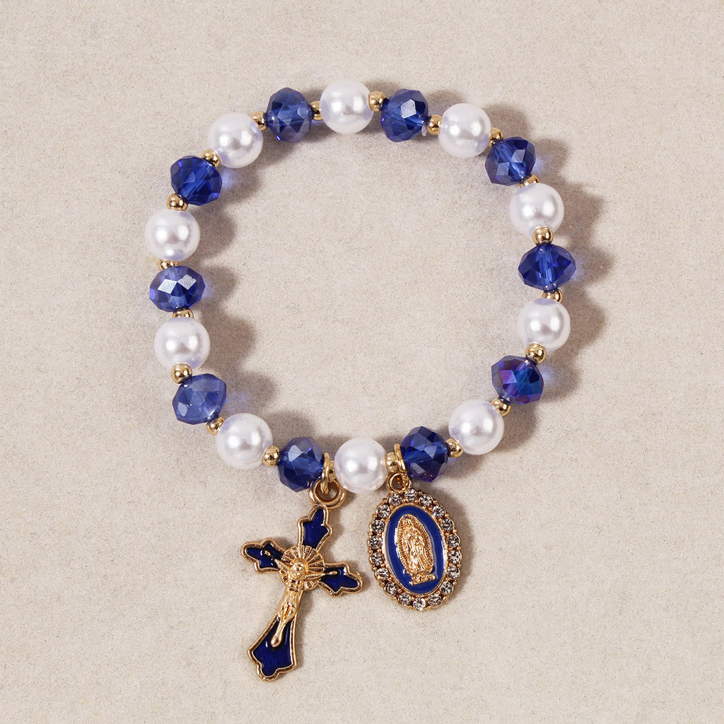 Marian Medallion Beaded Bracelet: Our Lady Accents & Enamel Cross Charm