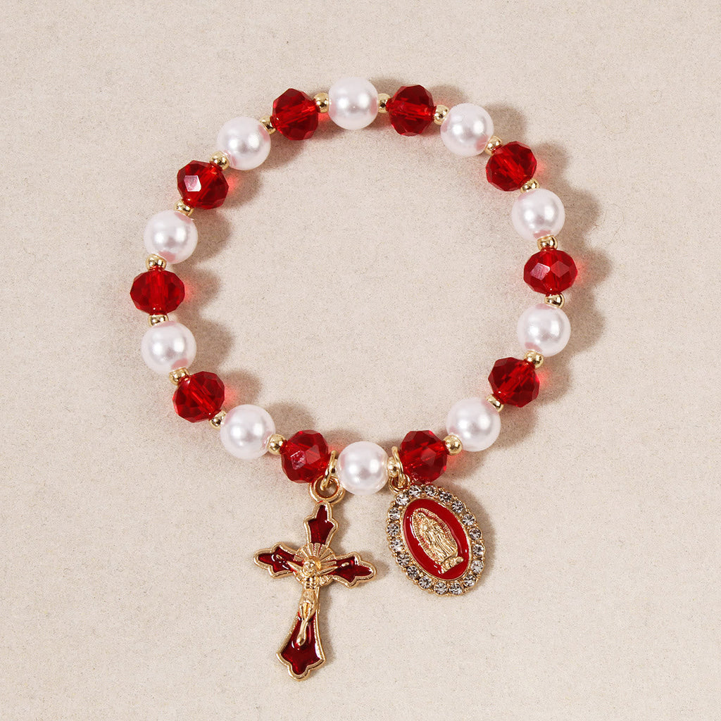 Marian Medallion Beaded Bracelet: Our Lady Accents & Enamel Cross Charm