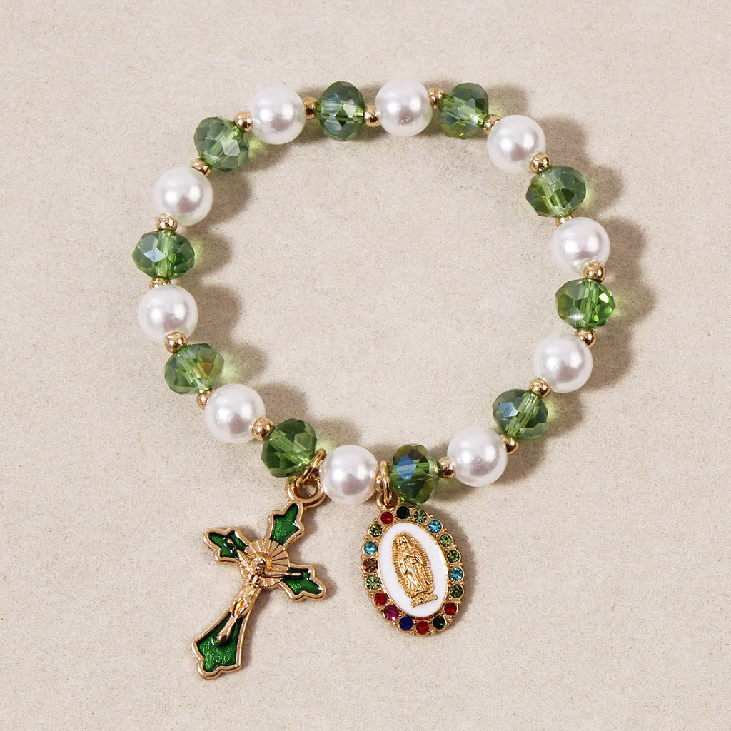 Marian Medallion Beaded Bracelet: Our Lady Accents & Enamel Cross Charm