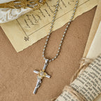 Silver-Toned Cross Pendant Necklace with Golden Floral & Leaf Detailing