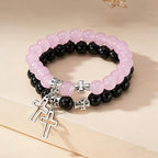 Dual-Tone Cross Charm Bead Bracelet Set: A Symbol of Faith in Every Wear