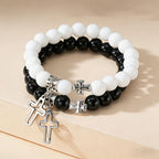 Dual-Tone Cross Charm Bead Bracelet Set: A Symbol of Faith in Every Wear