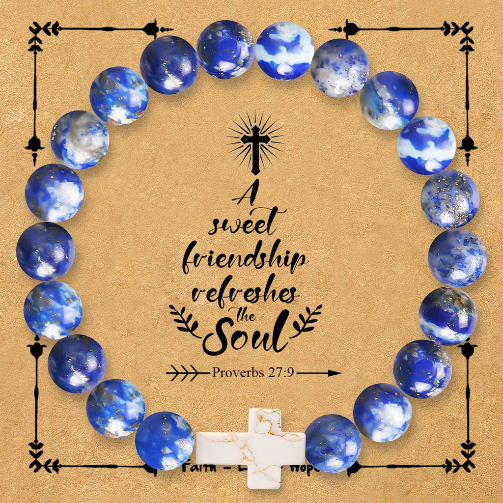 Natural Stone Cross Bracelet with Proverbs 27:9 Card: A Symbol of Divine Friendship & Grace