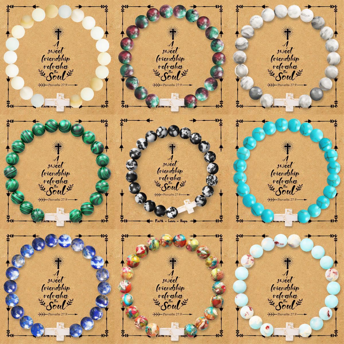 Natural Stone Cross Bracelet with Proverbs 27:9 Card: A Symbol of Divine Friendship & Grace