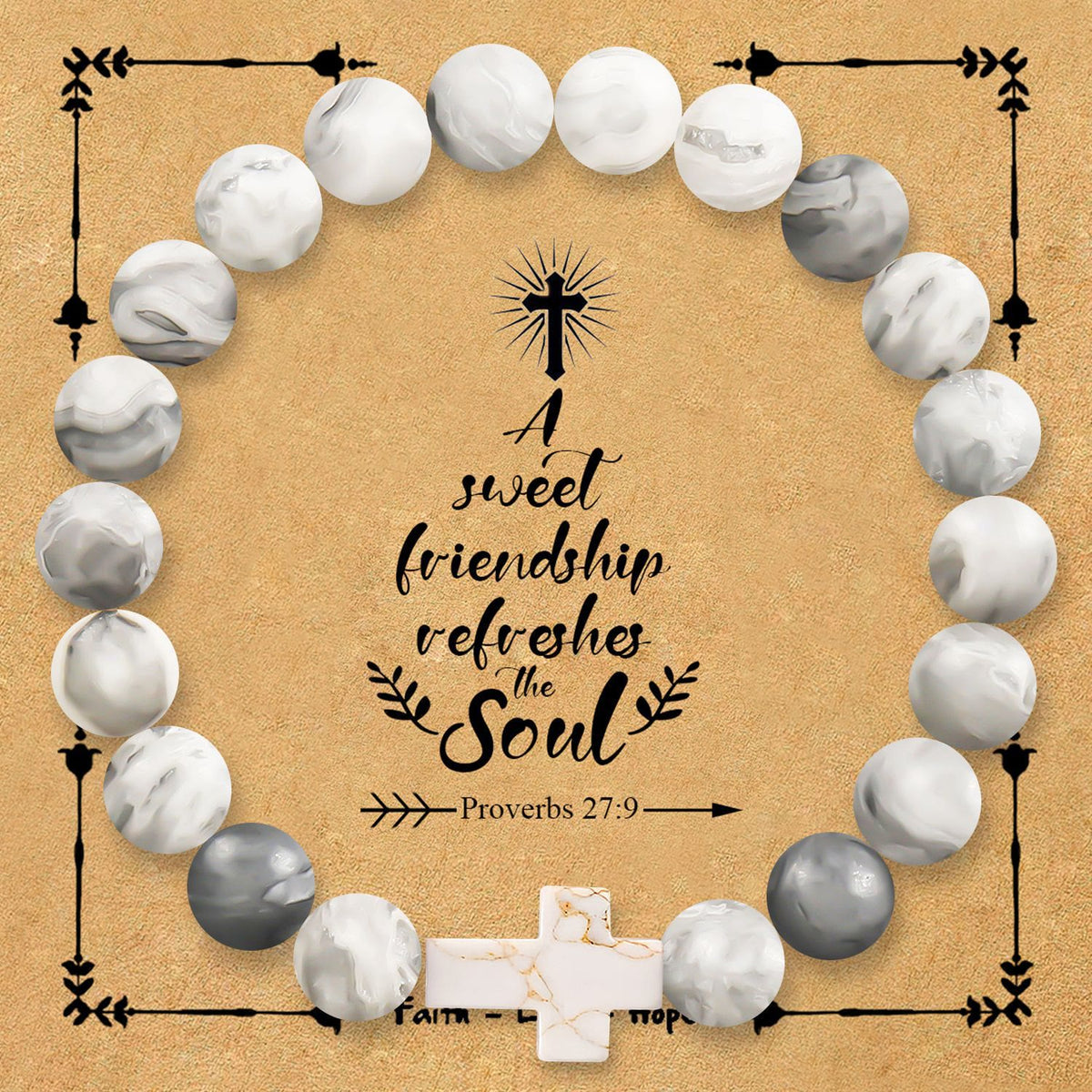 Natural Stone Cross Bracelet with Proverbs 27:9 Card: A Symbol of Divine Friendship & Grace