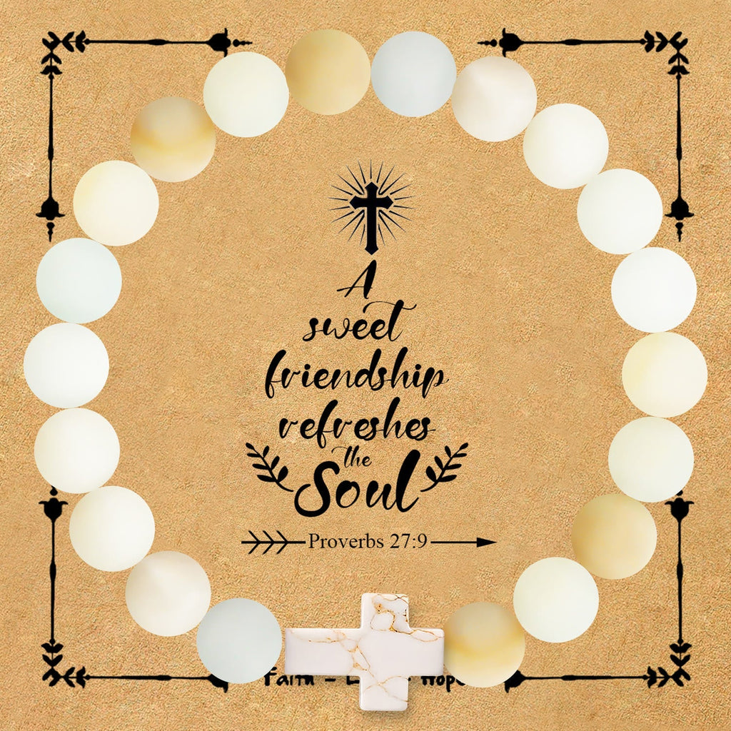 Natural Stone Cross Bracelet with Proverbs 27:9 Card: A Symbol of Divine Friendship & Grace
