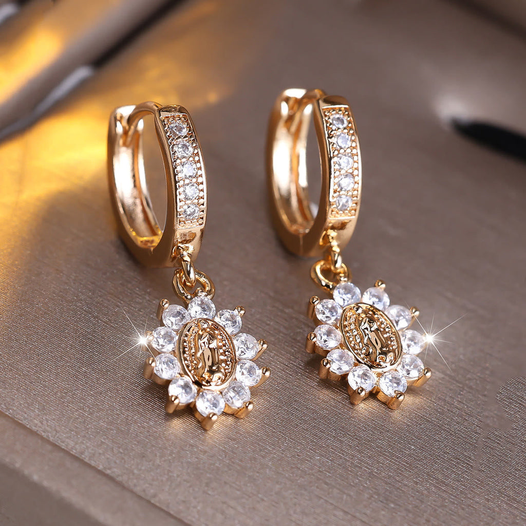 Our Lady Zircon Halo Huggie Earrings with Sunburst Medallion VIP