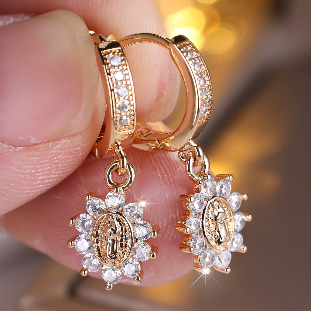 Our Lady Zircon Halo Huggie Earrings with Sunburst Medallion VIP