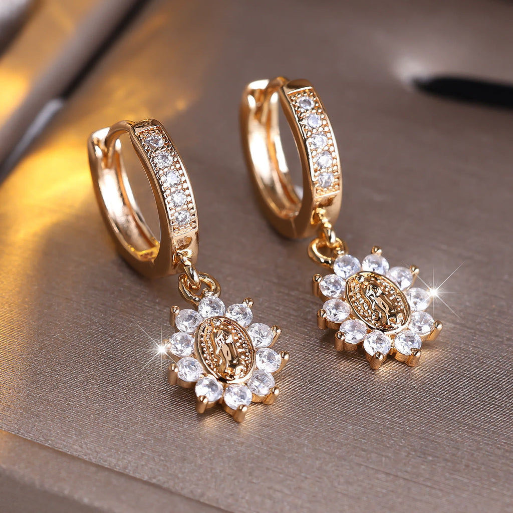 Our Lady Zircon Halo Huggie Earrings with Sunburst Medallion