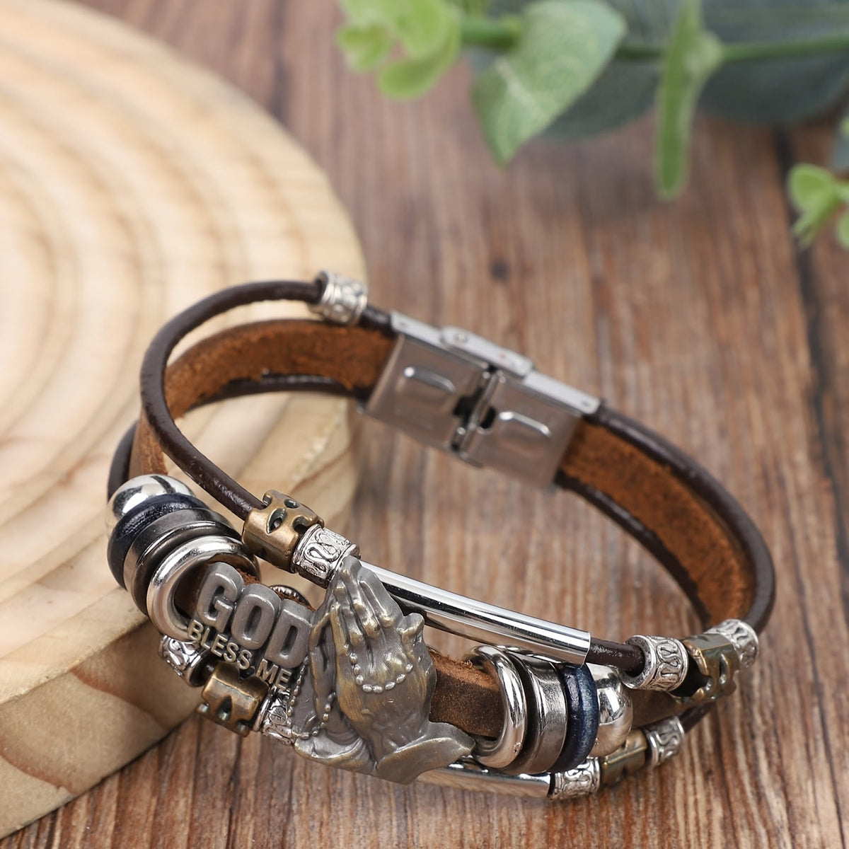God Bless Me Praying Hands Leather Bracelet with Metal Accents