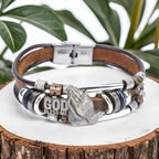 God Bless Me Praying Hands Leather Bracelet with Metal Accents