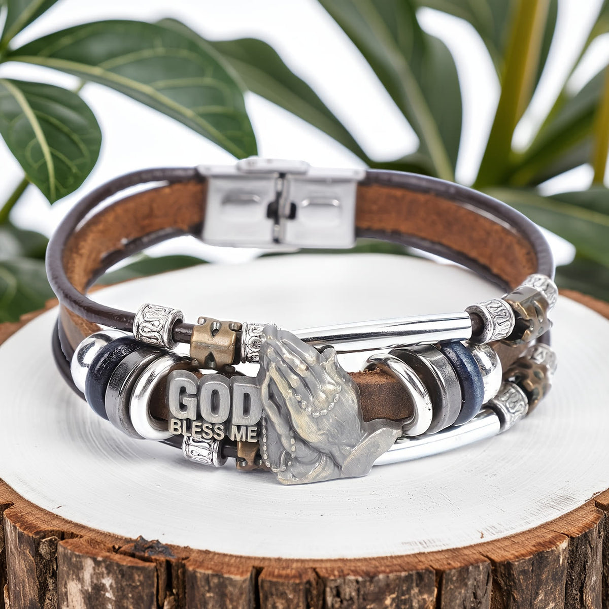 God Bless Me Praying Hands Leather Bracelet with Metal Accents